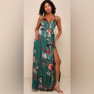 lulus still the one emerald green floral print satin maxi dress